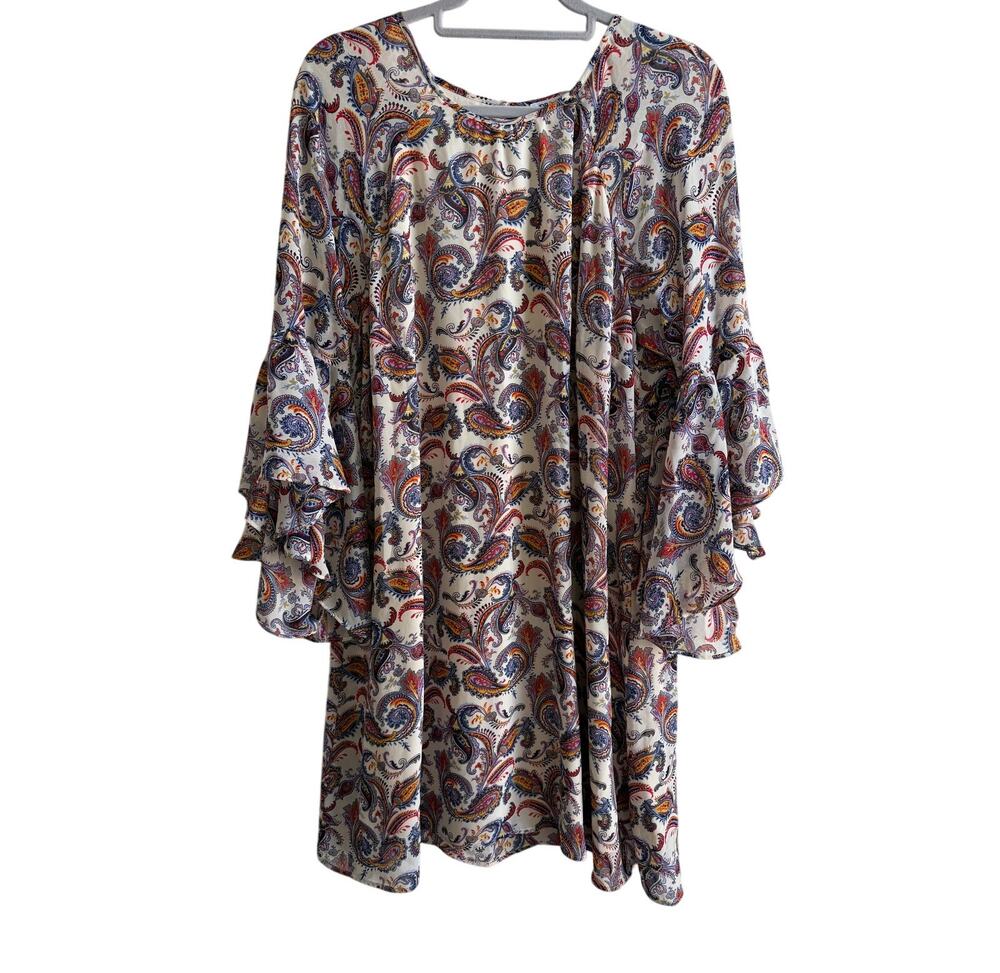 DR2 XL Paisley Tiered Bell Sleeve Dress Cream Red Blue Flounce Shift Tunic Boho